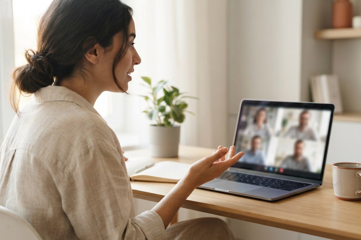 A teacher mid-lesson with learners on screen