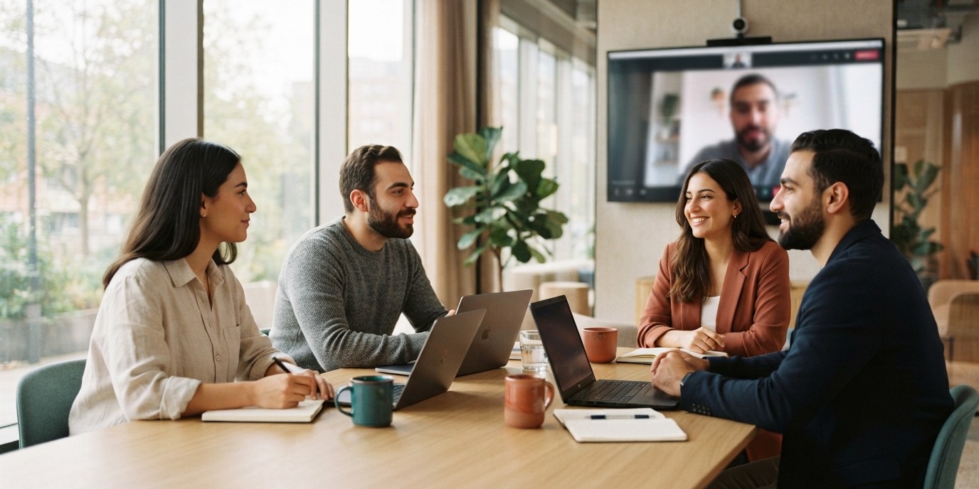 A company team joining an online training session