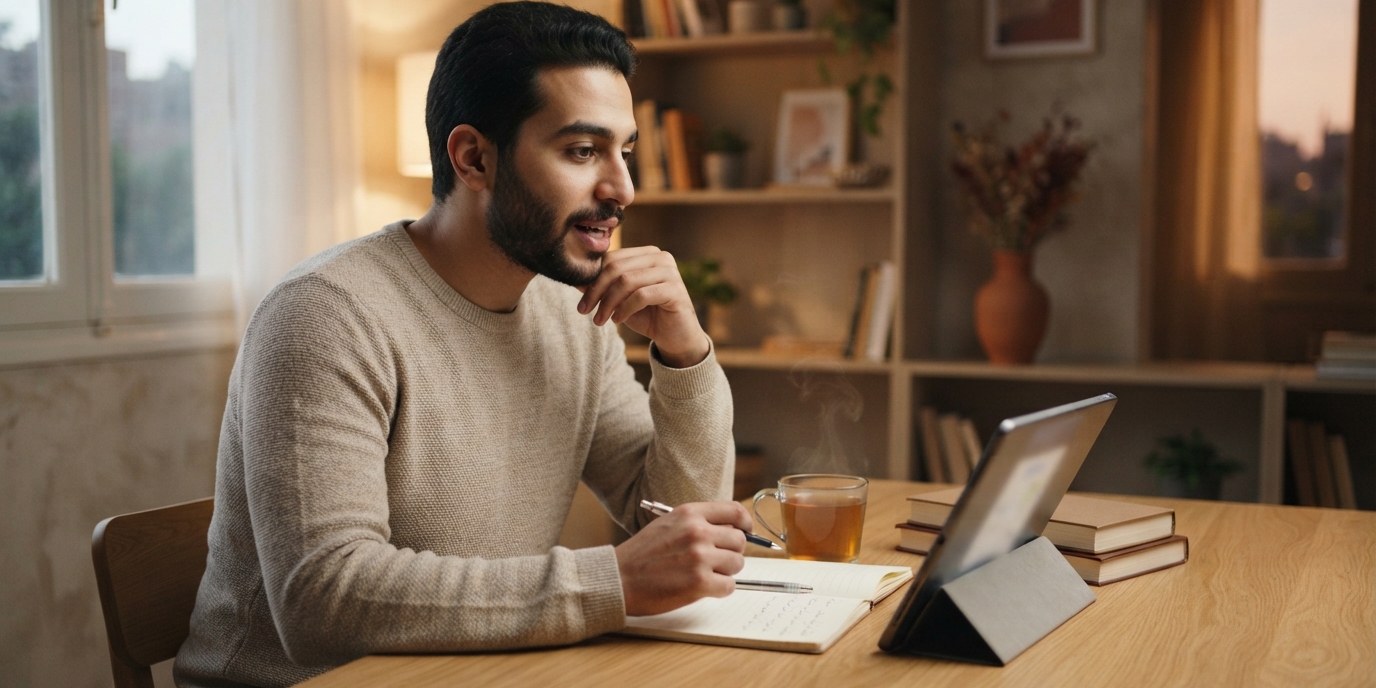 An adult learner studying at home