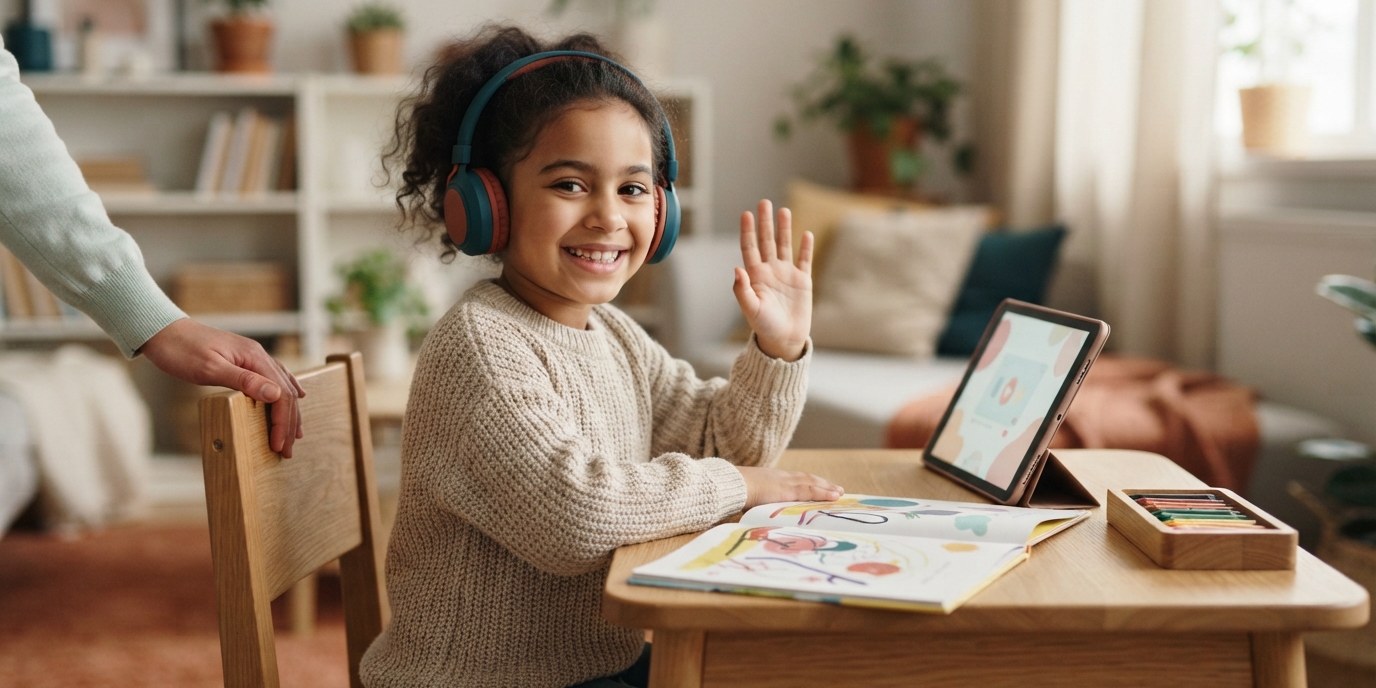 A child in an online English session at home