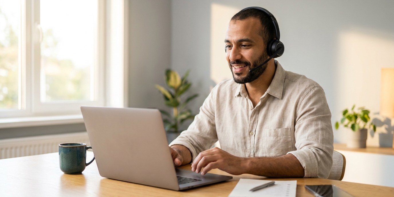 A professional on a video call from a home office