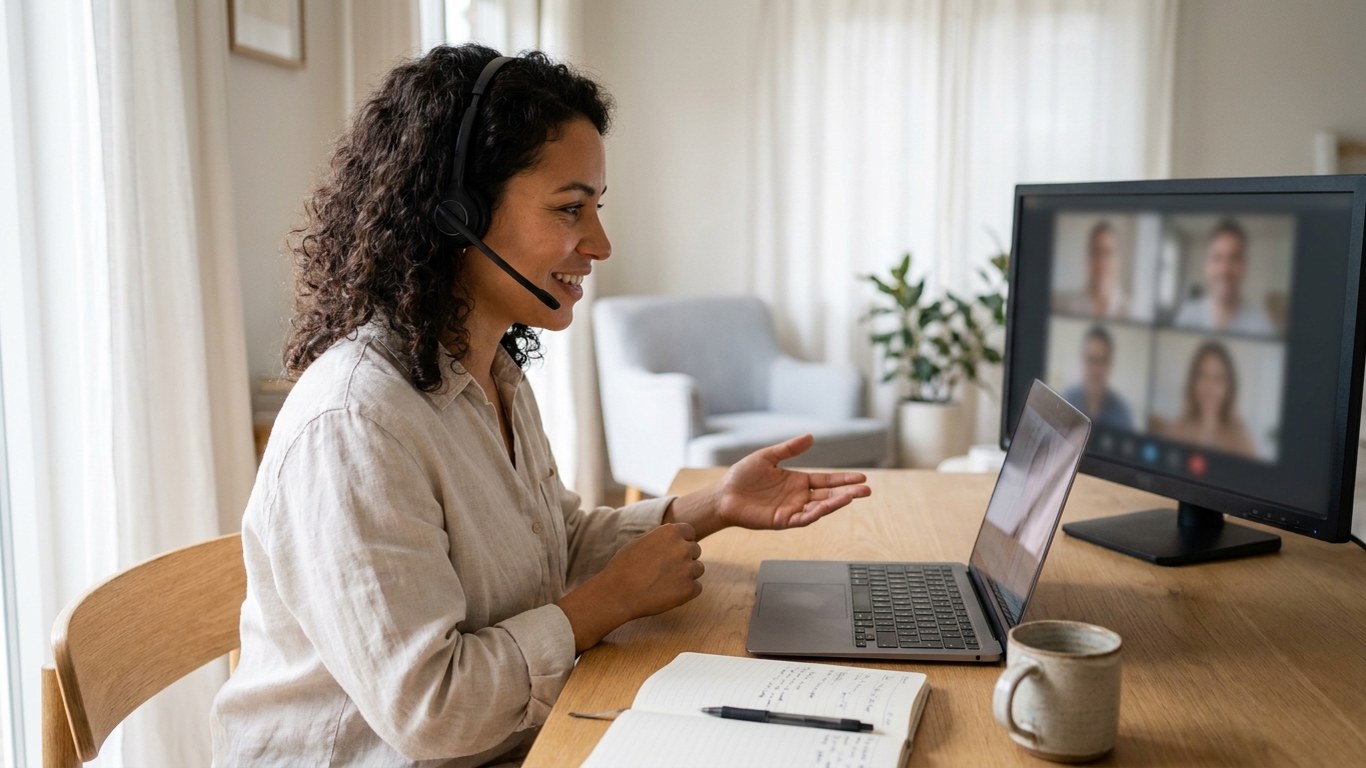 A teacher on a video call with a small group